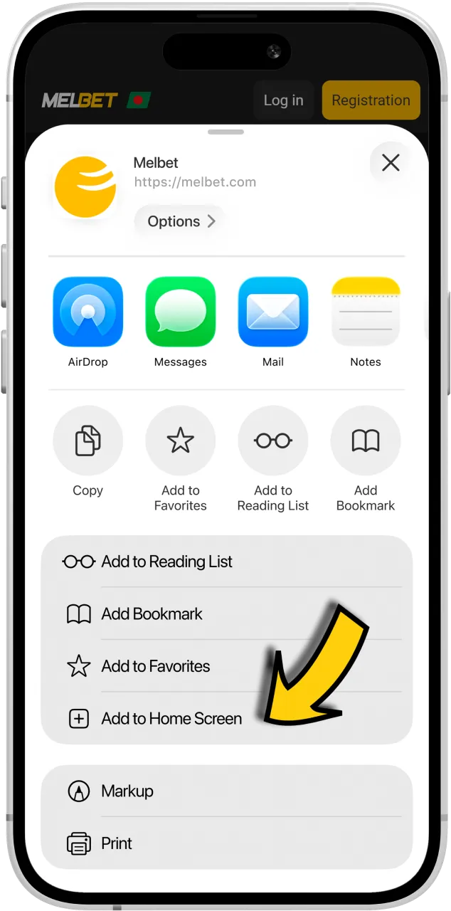 Select the add to home screen option for instant access to Melbet on iOS.