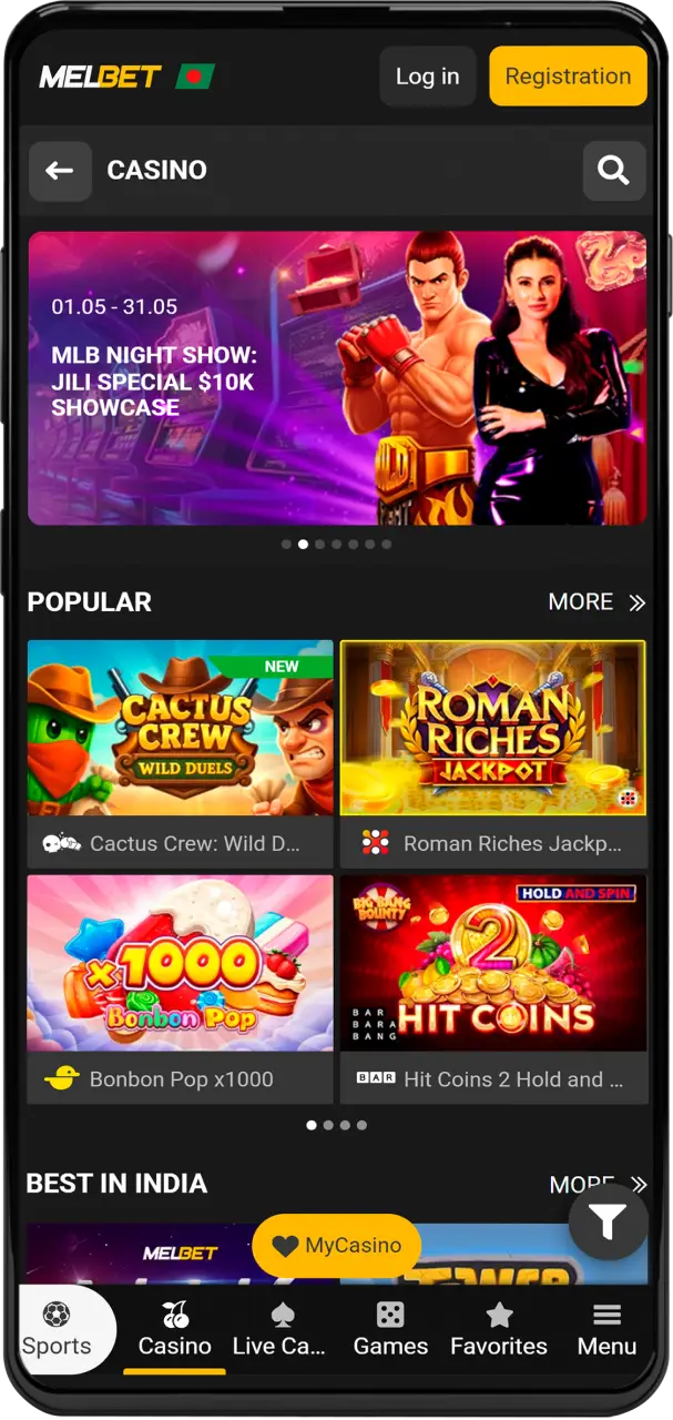 Browse the extensive Melbet mobile casino collection featuring popular slots and live dealer tables.