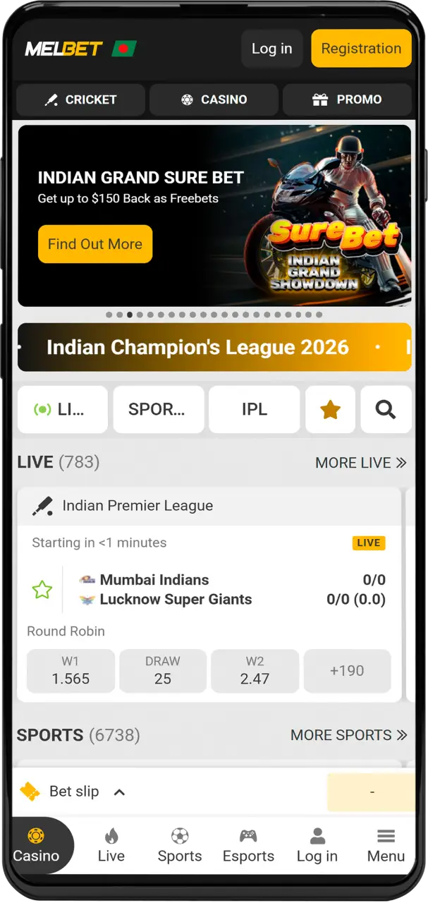View the Melbet app home screen featuring top cricket matches and live betting events in Bangladesh.