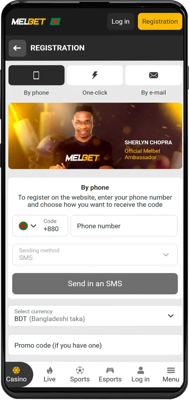 Access the quick sign up form on the Melbet app to create an account in Bangladesh.