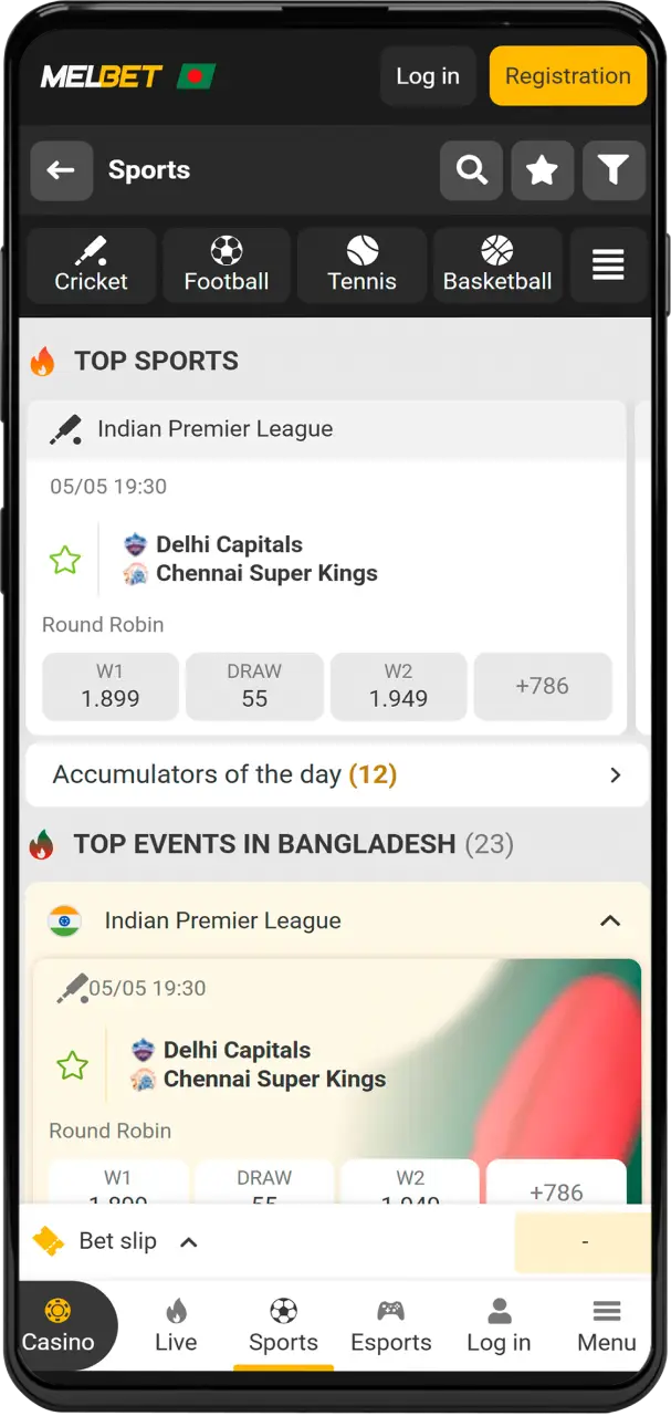 Explore the diverse sports menu on the Melbet app with dedicated sections for cricket and football.